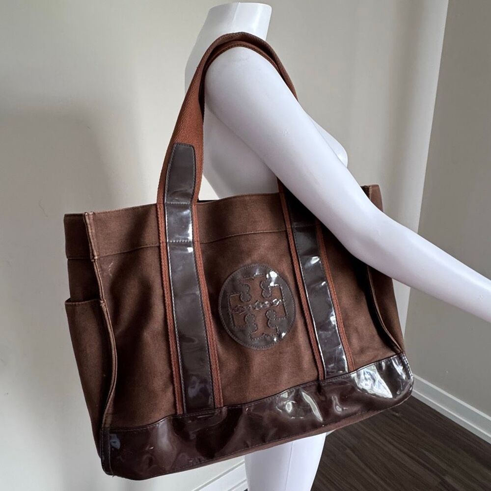 Tory Burch Brown Canvas and Patent Leather Tote - Picture 5 of 11
